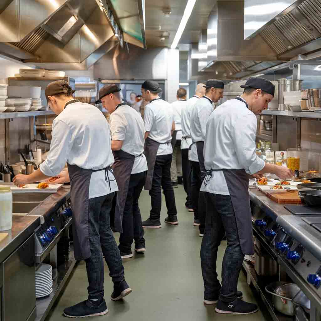 Chefs and cooking staffs are working in their appropriate uniforms in a new restaurant