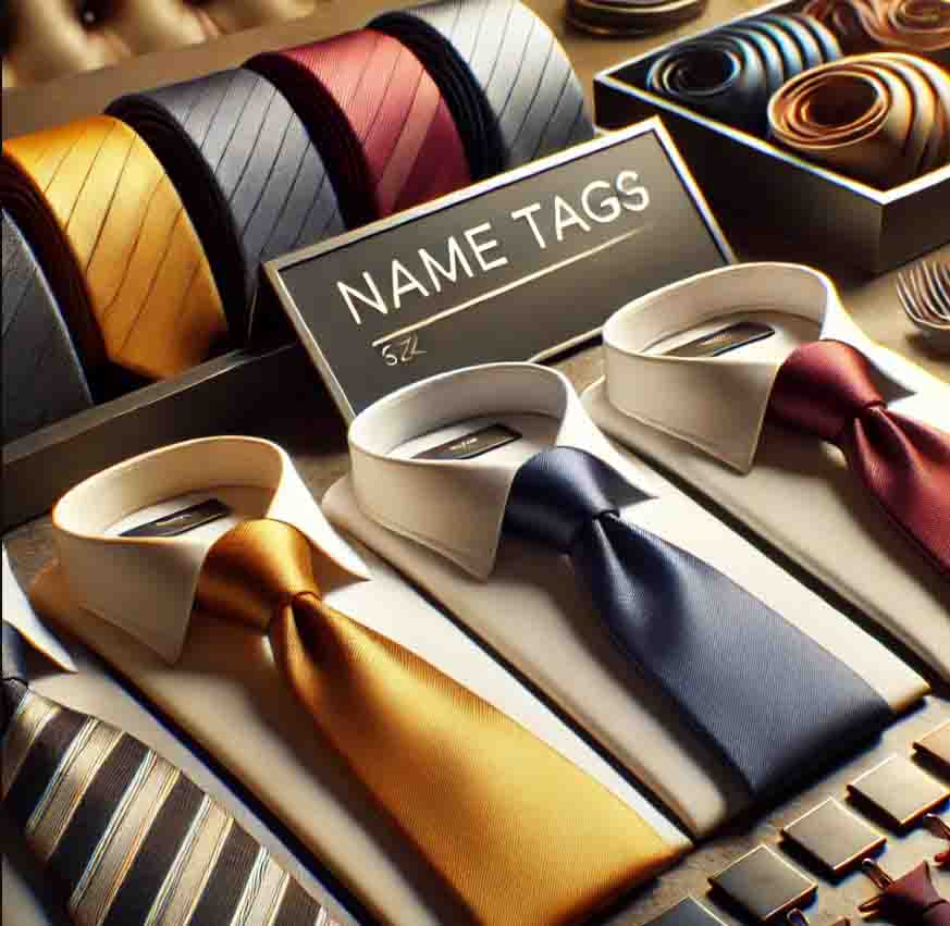 uniform accessories, including name tags, ties, and scarves, neatly displayed on a table