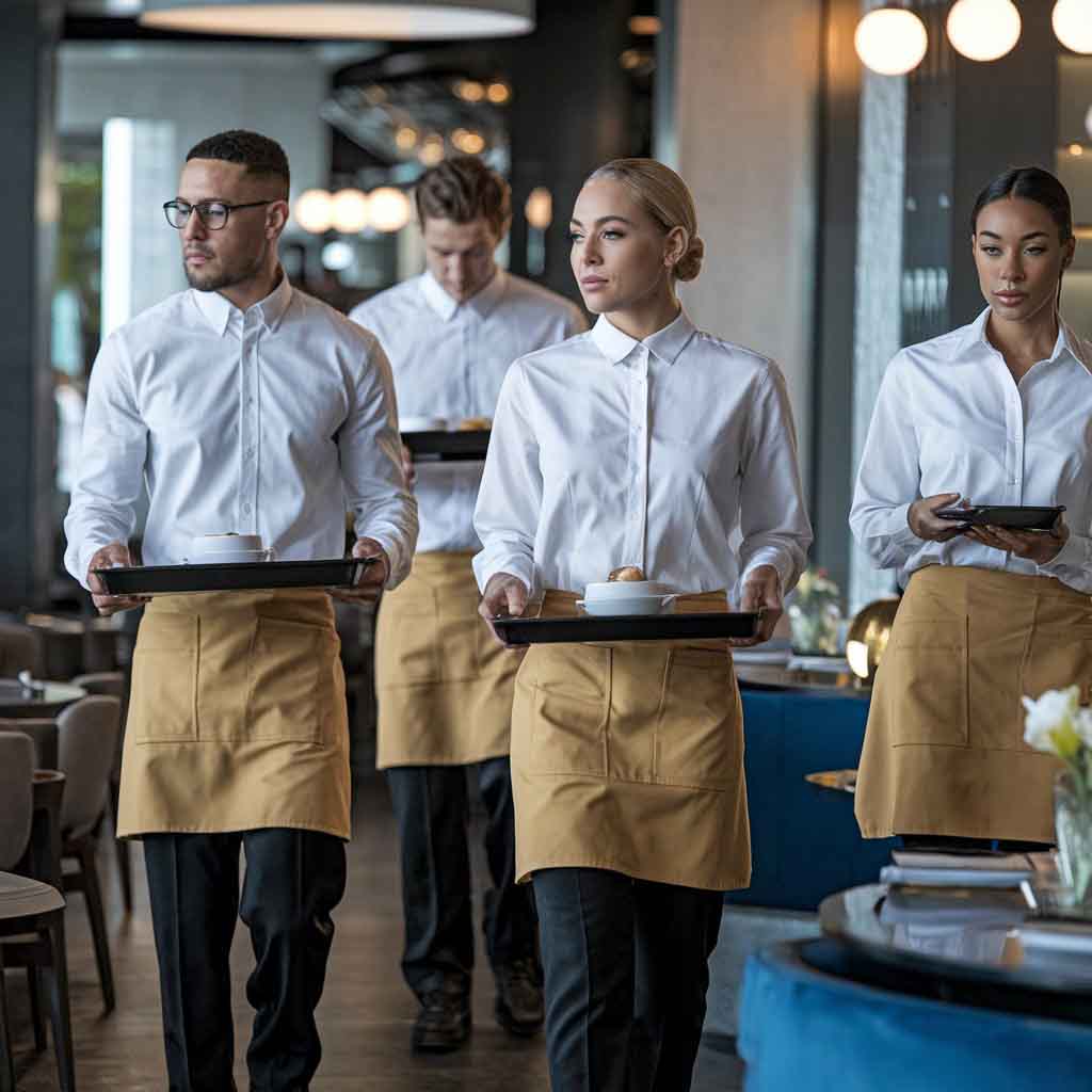 Four wair staffs are serving at a new restaurant wearing proper uniforms