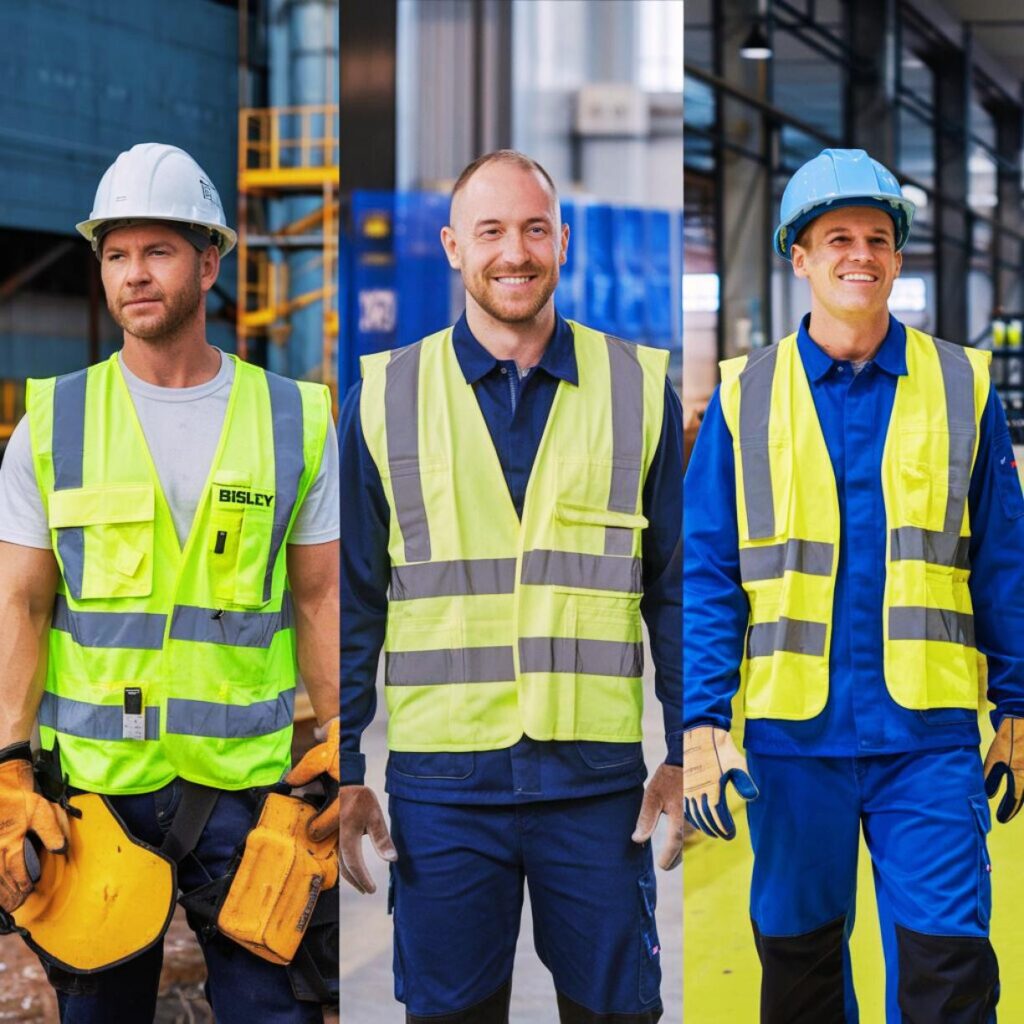 3 workers wearing Bisley's Hi-vis vests